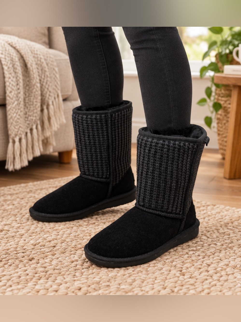 Minnetonka Chunky Sweater Knit Sheepskin Leather & Wool Women's Boots Black sz.6